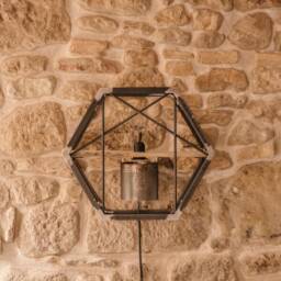 Hexagonal Steel Lamp/Raw Finished Iron Industrial Style Light Recycled Wood Shelf Wall - thumbnail 3