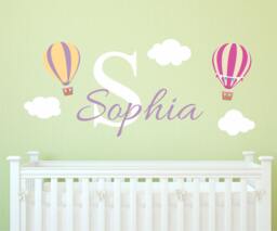 Colorful Hot Air Balloon & Kids Name Wall Decals, Removable Reusable Cling, Nursery Decals - thumbnail 1