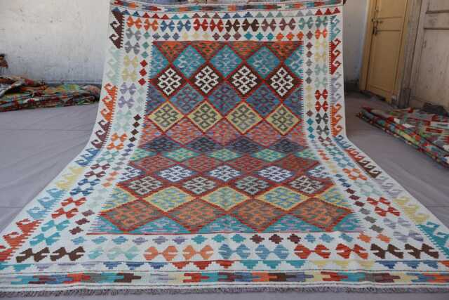 7x10 One Of A Kind Rug, Afghan Geometric Kilim Handmade Wool Flatweave Multicolor Tribal Large Area Living Room Rug - image 1
