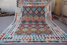 7x10 One Of A Kind Rug, Afghan Geometric Kilim Handmade Wool Flatweave Multicolor Tribal Large Area Living Room Rug - thumbnail 1