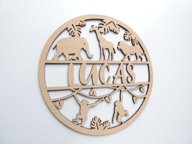 Personalised Safari Animal Theme Sign - Wooden Nursery Decor Children's Bedroom Playroom Wall Art Decoration Elephant Lion Monkey Giraffe - image 1