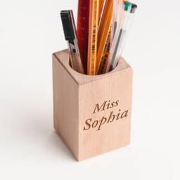 Pen & Pencil Holder For Desk - Square Wooden Pot Personalized Cup Stand Handmade Custom Office Organizer - thumbnail 2