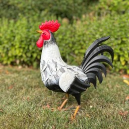 Decorative Black & White Metal Cockerel Rooster Garden Outdoor Lawn Ornament - thumbnail 3