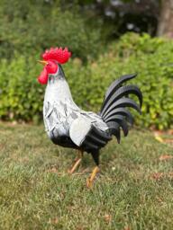 Decorative Black & White Metal Cockerel Rooster Garden Outdoor Lawn Ornament - thumbnail 1