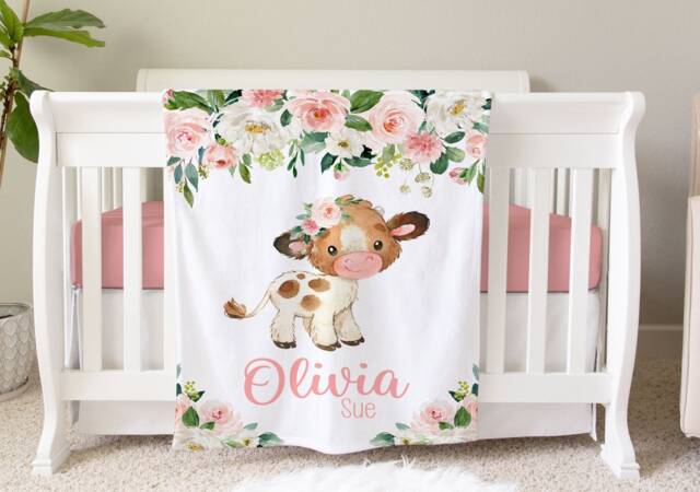 Cow Blanket, Personalized Baby Blanket Gift, Toddler Farm Animal Nursery Decor, Birthday Theme - image 1