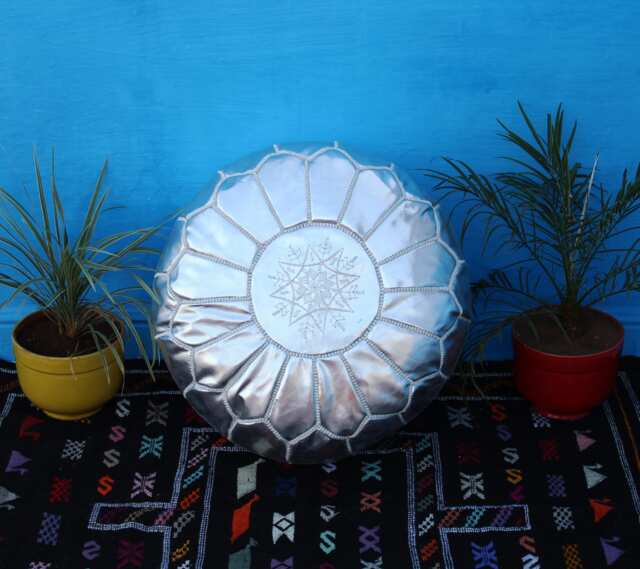Handmade Silver Faux Leather Moroccan Pouf Ottoman Footrest - image 1