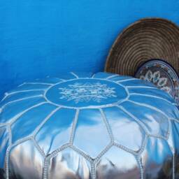 Handmade Silver Faux Leather Moroccan Pouf Ottoman Footrest - thumbnail 4