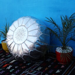 Handmade Silver Faux Leather Moroccan Pouf Ottoman Footrest - thumbnail 3