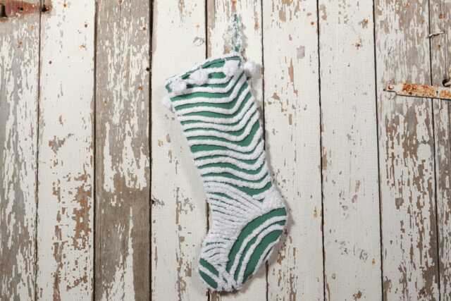 Green & White - Lush & Fluffy Vintage Chenille Christmas Stocking Pom Pom, Flower - image 1