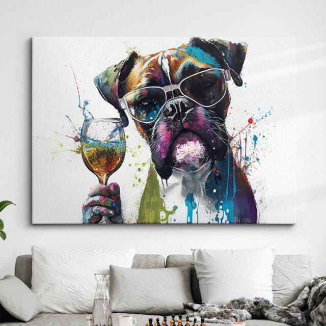 Boxer With Wine Glass Dog Pet Abstract Modern Painting Wall Art, Framed Canvas Poster Print, Home Kitchen Office Room Decor, Gifts - image 1