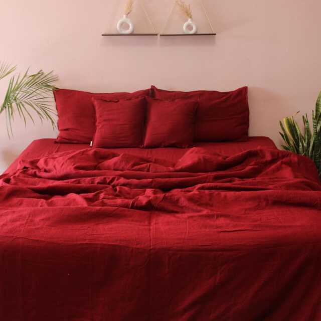 Dark Cherry Red Pure Cotton Stonewashed Duvet Cover, Wine Boho Bedding Set, Maroon Comforter Cover