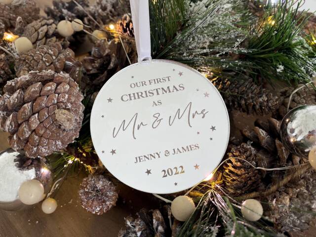 First Christmas As Mr & Mrs Bauble - Personalised Xmas Tree Decoration Couple Keepsake Married - image 1
