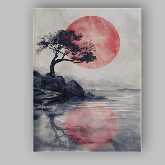 Japanese Style Red Sun Lone Tree Waterside Landscape Canvas Wall Art Print Decor Picture Ready To Hang - image 1
