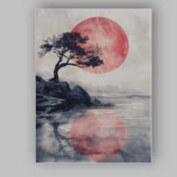 Japanese Style Red Sun Lone Tree Waterside Landscape Canvas Wall Art Print Decor Picture Ready To Hang - thumbnail 1