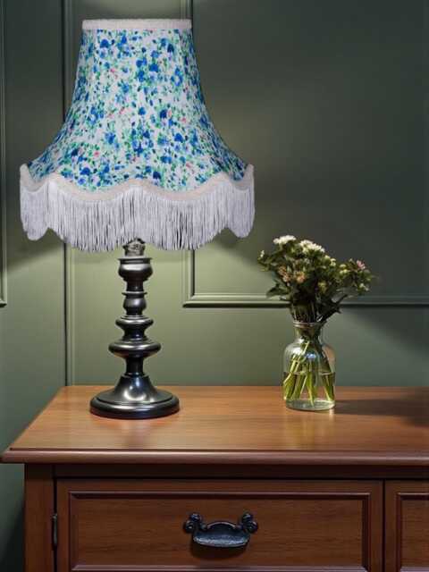Blue Floral Lampshade With Cream Fringe British Made Fabric Ceiling Light Shade - image 1