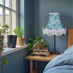 Blue Floral Lampshade With Cream Fringe British Made Fabric Ceiling Light Shade - thumbnail 2