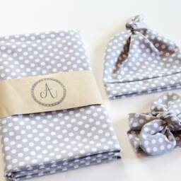 Gray & White Polka Dot Swaddle Set, Knot Hat, Headband, Matching Blanket & Gender Neutral Baby Gift, Set - thumbnail 3