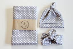 Gray & White Polka Dot Swaddle Set, Knot Hat, Headband, Matching Blanket & Gender Neutral Baby Gift, Set - thumbnail 1