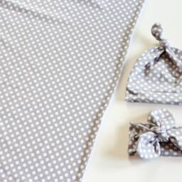Gray & White Polka Dot Swaddle Set, Knot Hat, Headband, Matching Blanket & Gender Neutral Baby Gift, Set - thumbnail 2