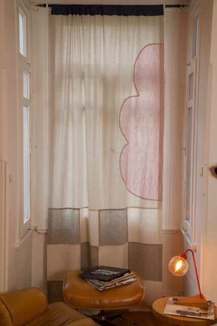 Handmade Checkered Custom Designer Curtain Pastel Pink Cloud & Green Checker Linen Curtain, Plaid Window Drapery - image 1