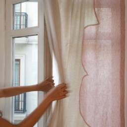 Handmade Checkered Custom Designer Curtain Pastel Pink Cloud & Green Checker Linen Curtain, Plaid Window Drapery - thumbnail 3