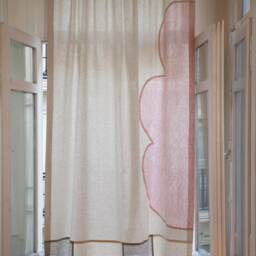 Handmade Checkered Custom Designer Curtain Pastel Pink Cloud & Green Checker Linen Curtain, Plaid Window Drapery - thumbnail 2