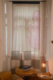 Handmade Checkered Custom Designer Curtain Pastel Pink Cloud & Green Checker Linen Curtain, Plaid Window Drapery - thumbnail 1