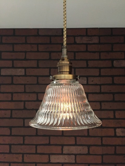 "Industrial Pendant Light -Antique Brass 6 1/2"" Hyalophane Glass Bell with Patented ""Huila Electrical Connectors" - image 1