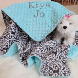 Personalized Minky Baby Blanket, Grey Damask, Cuddle Fabric - thumbnail 2