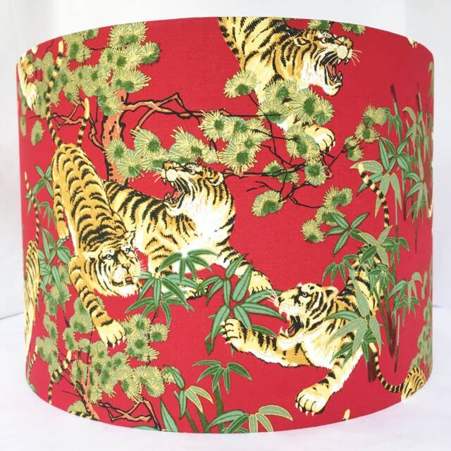 Tigers Lampshade Japanese Oriental Style, Red & Gold - image 1