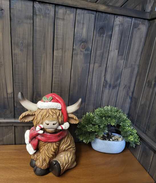 Large Christmas Highland Cow Figurine - Holiday Coo Ornament With Santa Hat Candy Cane, Festive Farmhouse D??cor, Cute Winter Collectible - image 1