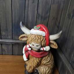 Large Christmas Highland Cow Figurine - Holiday Coo Ornament With Santa Hat Candy Cane, Festive Farmhouse D??cor, Cute Winter Collectible - thumbnail 2