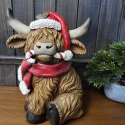 Large Christmas Highland Cow Figurine - Holiday Coo Ornament With Santa Hat Candy Cane, Festive Farmhouse D??cor, Cute Winter Collectible - thumbnail 3