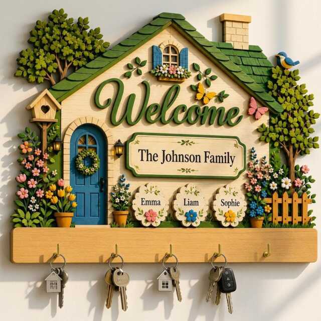 Charming Wooden House Key Rack & Coat Hanger With Custom Family Names, Whimsical Wall Decor For Entryway, Handcrafted Home Gift - image 1