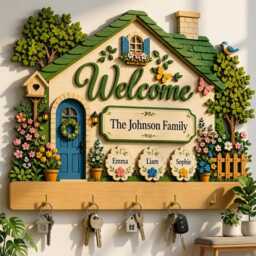 Charming Wooden House Key Rack & Coat Hanger With Custom Family Names, Whimsical Wall Decor For Entryway, Handcrafted Home Gift - thumbnail 3