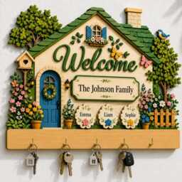 Charming Wooden House Key Rack & Coat Hanger With Custom Family Names, Whimsical Wall Decor For Entryway, Handcrafted Home Gift - thumbnail 2