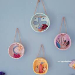 The Magic Runes Wall Hanging Shelf - Handmade Ceramic Wall Hanging Shrines. Moon Flower Lotus Star Shrine. Crystal Flowers Curious Cabinet - thumbnail 2
