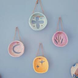 The Magic Runes Wall Hanging Shelf - Handmade Ceramic Wall Hanging Shrines. Moon Flower Lotus Star Shrine. Crystal Flowers Curious Cabinet - thumbnail 4