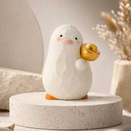 Lucky White Wooden Bird Figurine Hand Carved Wood Duck With Gold Ingot Cute Desk Decor Good Luck Gift For Friend New Job Present - thumbnail 4