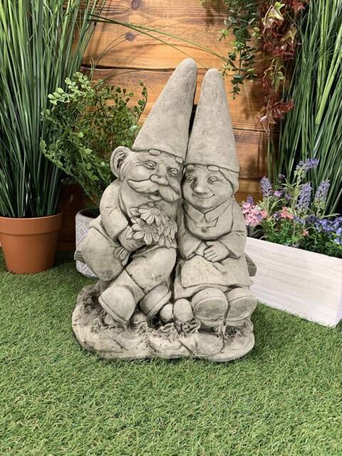stone Garden Pair Of Loving Gnomes On A Bench Gift Ornament - image 1