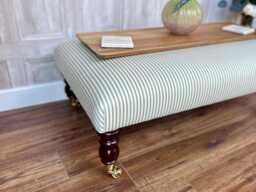 Large Upholstered Footstool in Ticking Fabric Coffee Table Stripe Large Footstool. Ottoman On Castor Legs