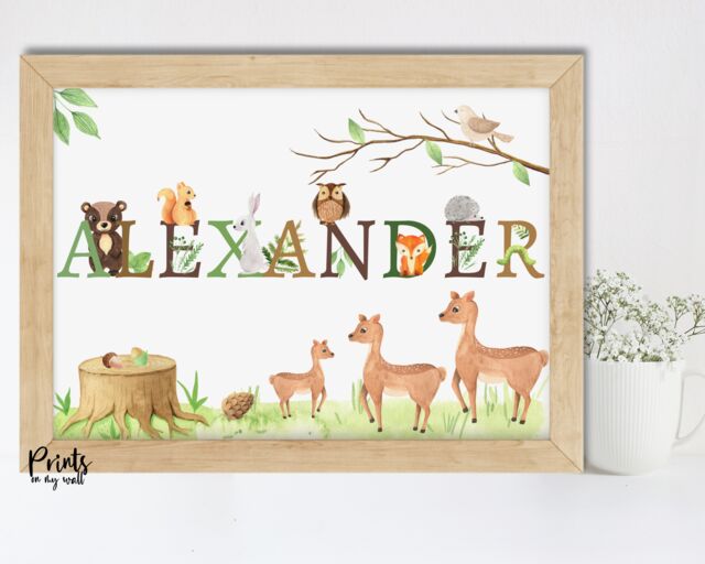 Personalized Woodland Animals Nursery Print, Watercolor Forest Decor - image 1