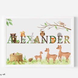 Personalized Woodland Animals Nursery Print, Watercolor Forest Decor - thumbnail 2