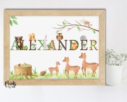 Personalized Woodland Animals Nursery Print, Watercolor Forest Decor - thumbnail 1
