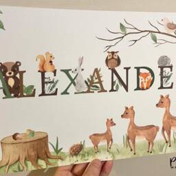 Personalized Woodland Animals Nursery Print, Watercolor Forest Decor - thumbnail 3