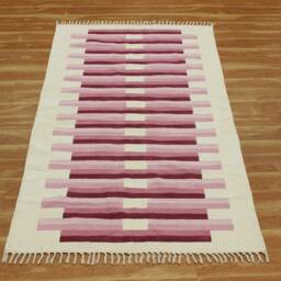 Handwoven Cotton Rug, Pink & White Boho Decor - thumbnail 3