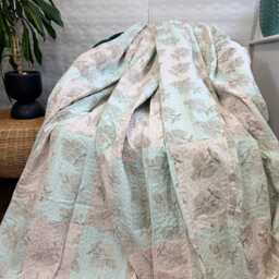 Kantha Stitch Pure Cotton Reversible Bed/Sofa Throw King Size - Tropical Floral Dohar Indian Blankets Pasel Aqua Peach Dreamy Patchwork - thumbnail 3