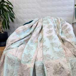Kantha Stitch Pure Cotton Reversible Bed/Sofa Throw King Size - Tropical Floral Dohar Indian Blankets Pasel Aqua Peach Dreamy Patchwork - thumbnail 2