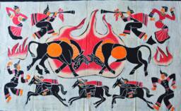 Vintage Batik Tapestry, Abstract Bull Painting, Indigo Wall Hanging - thumbnail 1