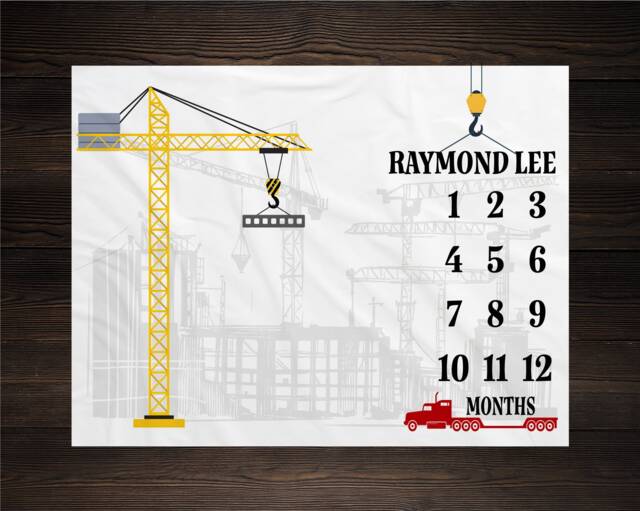 Construction Baby Milestone Blanket, Machines Shower Gift, Keepsake Crane Theme Nursery - image 1